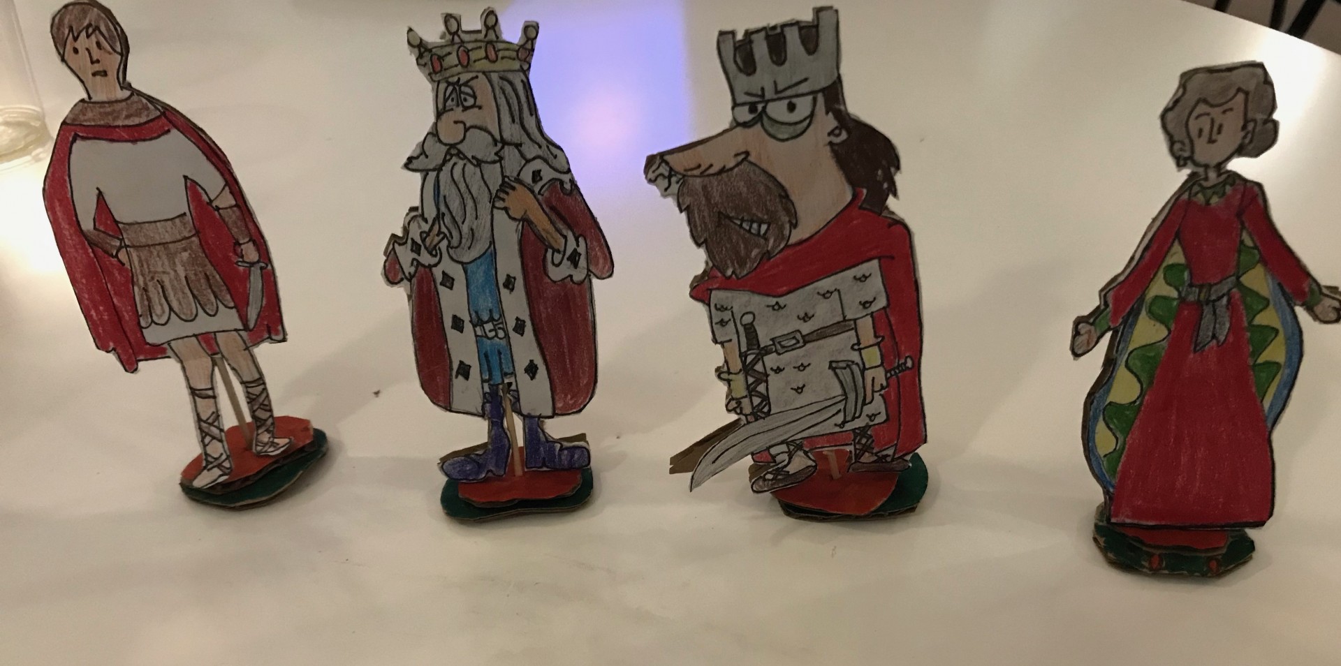 Our game pieces, credit to Margie for making them!! (from left to right: Banquo, King Duncan, Macbeth, Lady Macbeth)