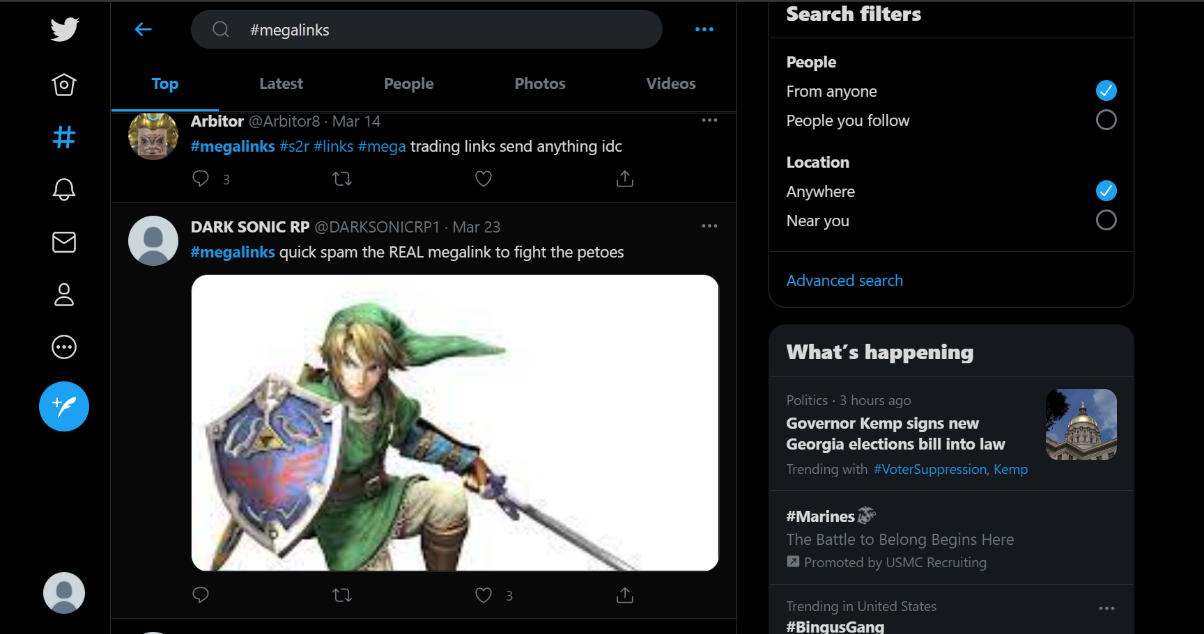 Here we see a user flooding the #megalink thread with something a little more friendly. Link from the Legend of Zelda series. Source: Twitter
